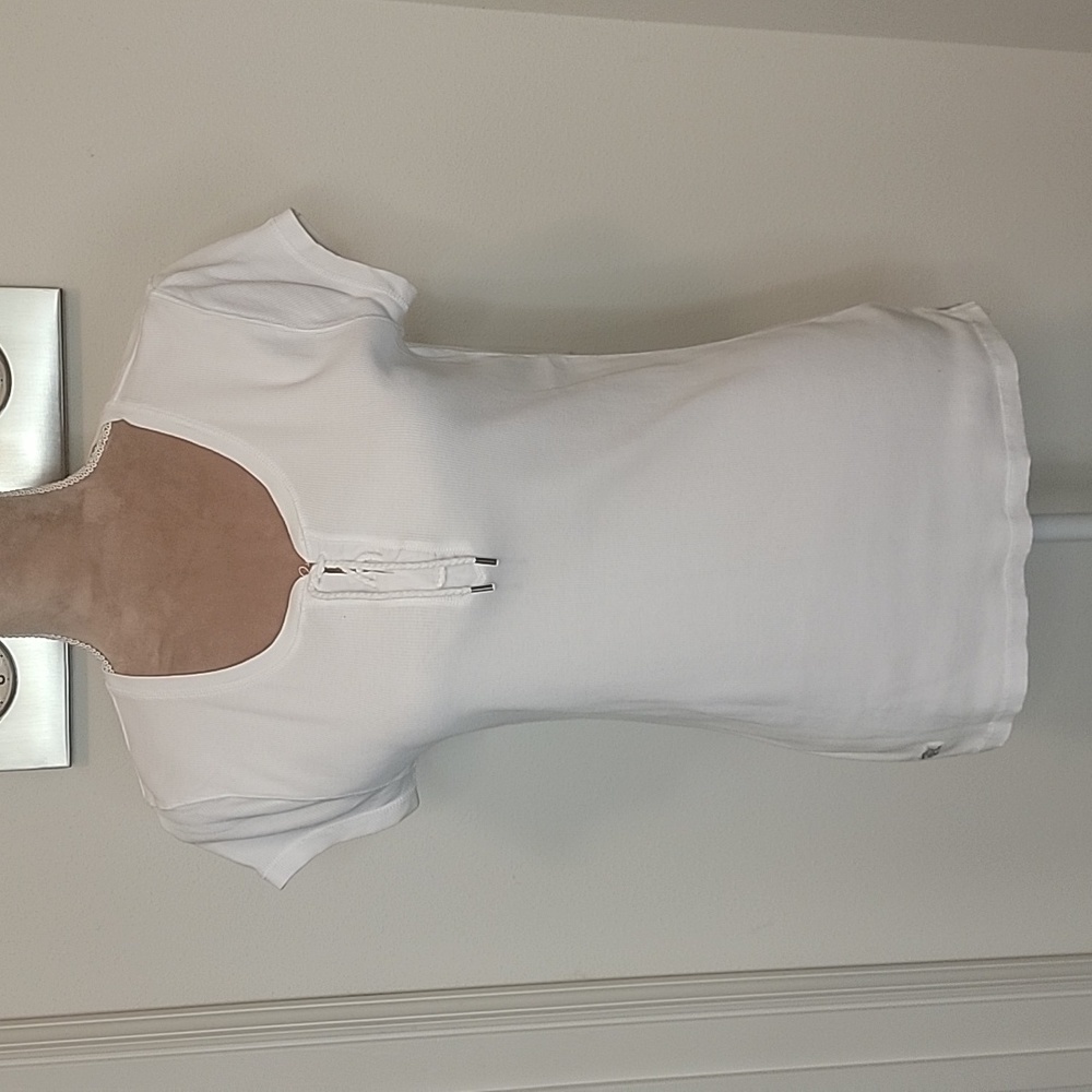 Lauren Ralph Lauren White Ribbed Top, Laced Tie Accent at Neckline, Size M, NWT